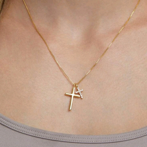 14k Gold Cross Pendant Necklace with Zirconia Accents - Picture 4 of 7